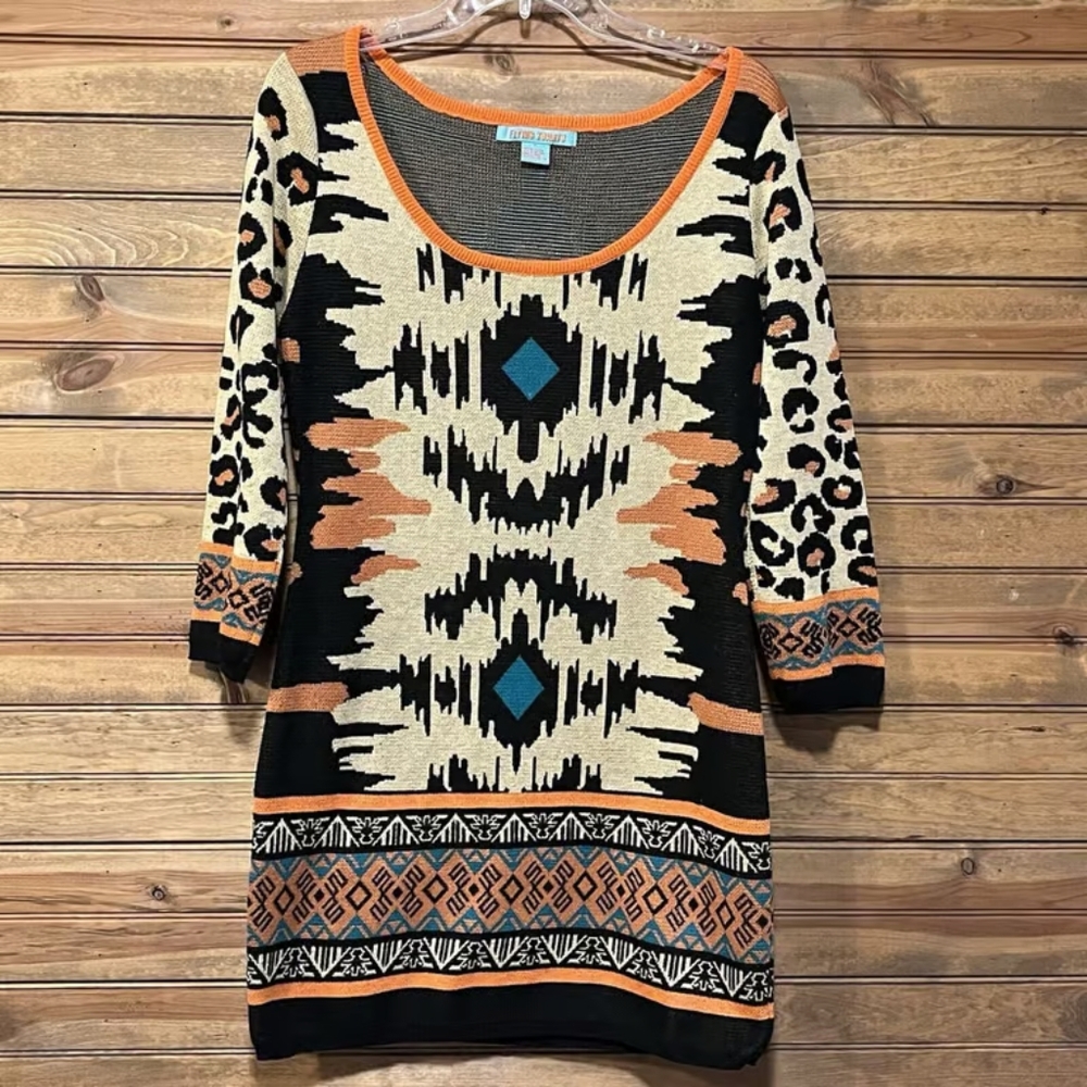 Cato Orange Black Cuffed Sleeve Sweater Dress